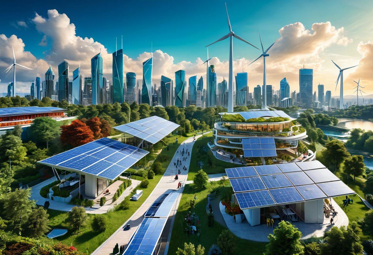 A futuristic city skyline powered by renewable energy solutions, featuring solar panels and wind turbines integrated into architectural designs. In the foreground, diverse people collaborating and working on innovative green technologies, with lush greenery and smart grids visible. The sky is vibrant with colors representing a bright, sustainable future. super-realistic. vibrant colors. 3D.