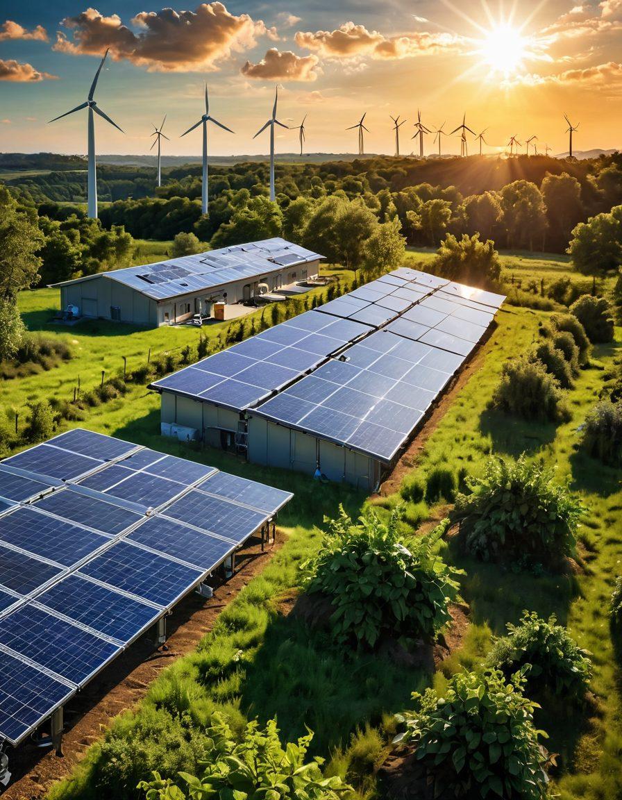 A captivating landscape illustrating a blend of solar panels and a biomass facility, showcasing the juxtaposition of clean energy sources. Vibrant energy lines connecting the two, symbolizing efficient energy distribution, with lush greenery in the foreground to represent sustainability. Include a bright sun shining in the sky and animated energy flows. super-realistic. vibrant colors. eco-friendly theme.