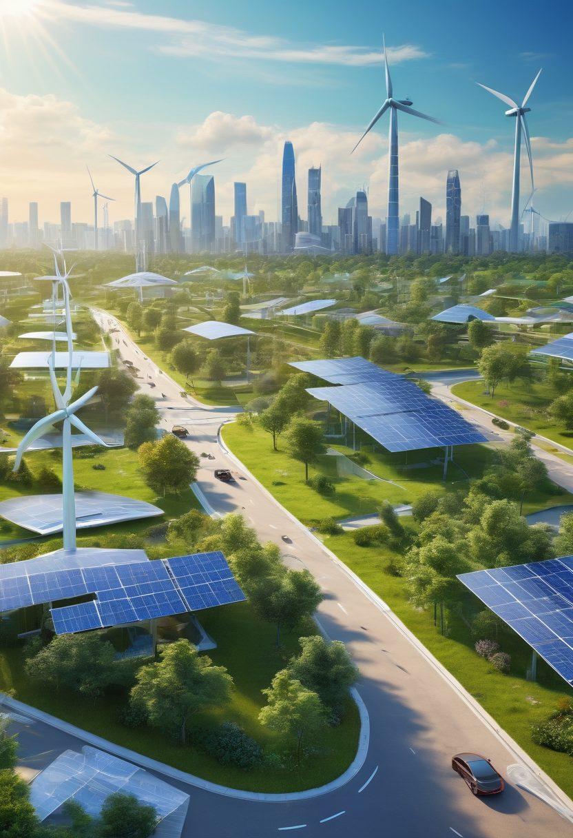 A futuristic city skyline powered by smart grids, showcasing solar panels on rooftops and wind turbines integrated with nature. Include lush green spaces with people engaging in eco-friendly activities, such as biking and planting trees. Use vibrant colors to depict a harmonious blend of technology and sustainability. Incorporate glowing circuit patterns symbolizing energy flow. super-realistic. vibrant colors. 3D.